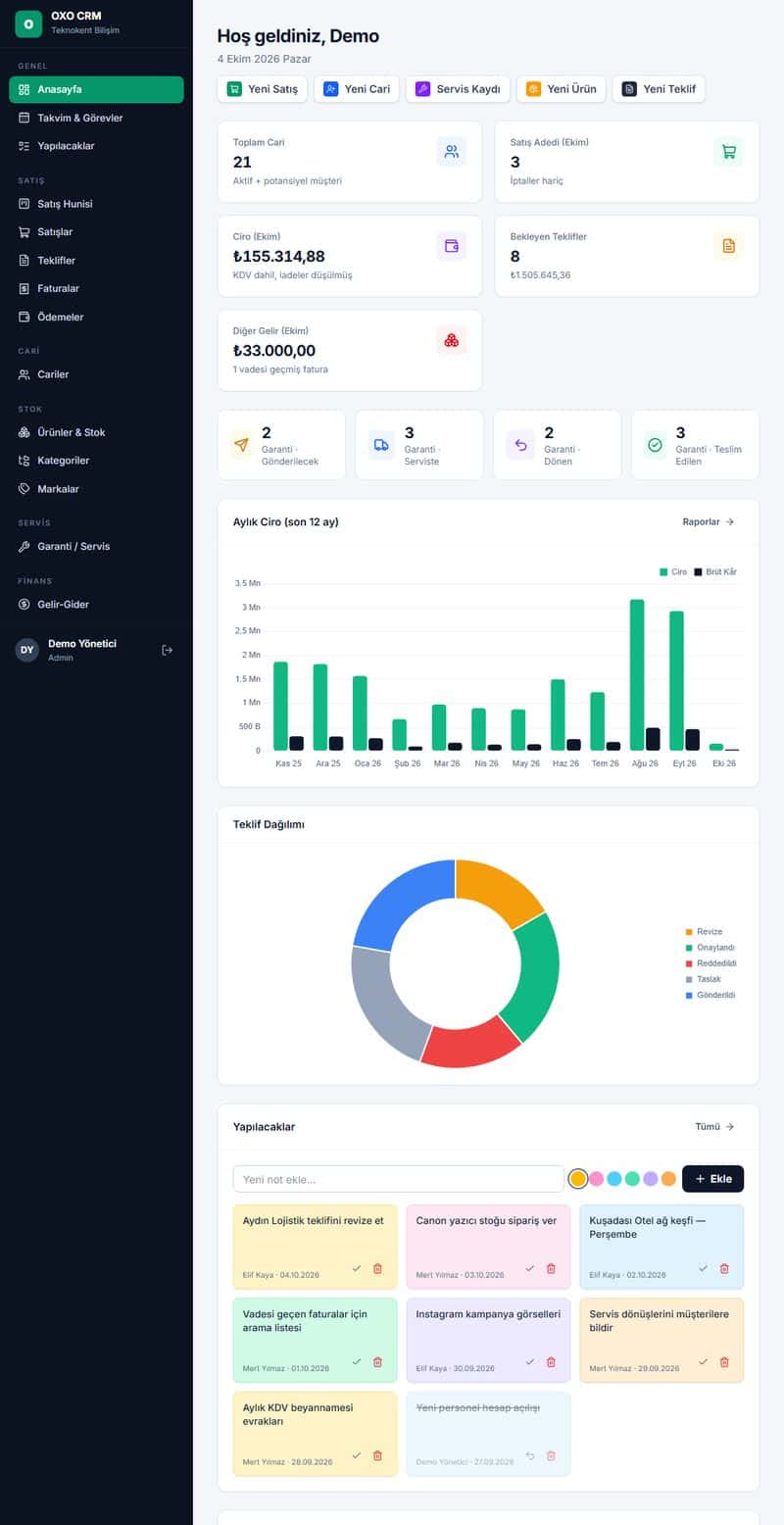 OXO CRM — Müşteri & İş Yönetimi önizlemesi