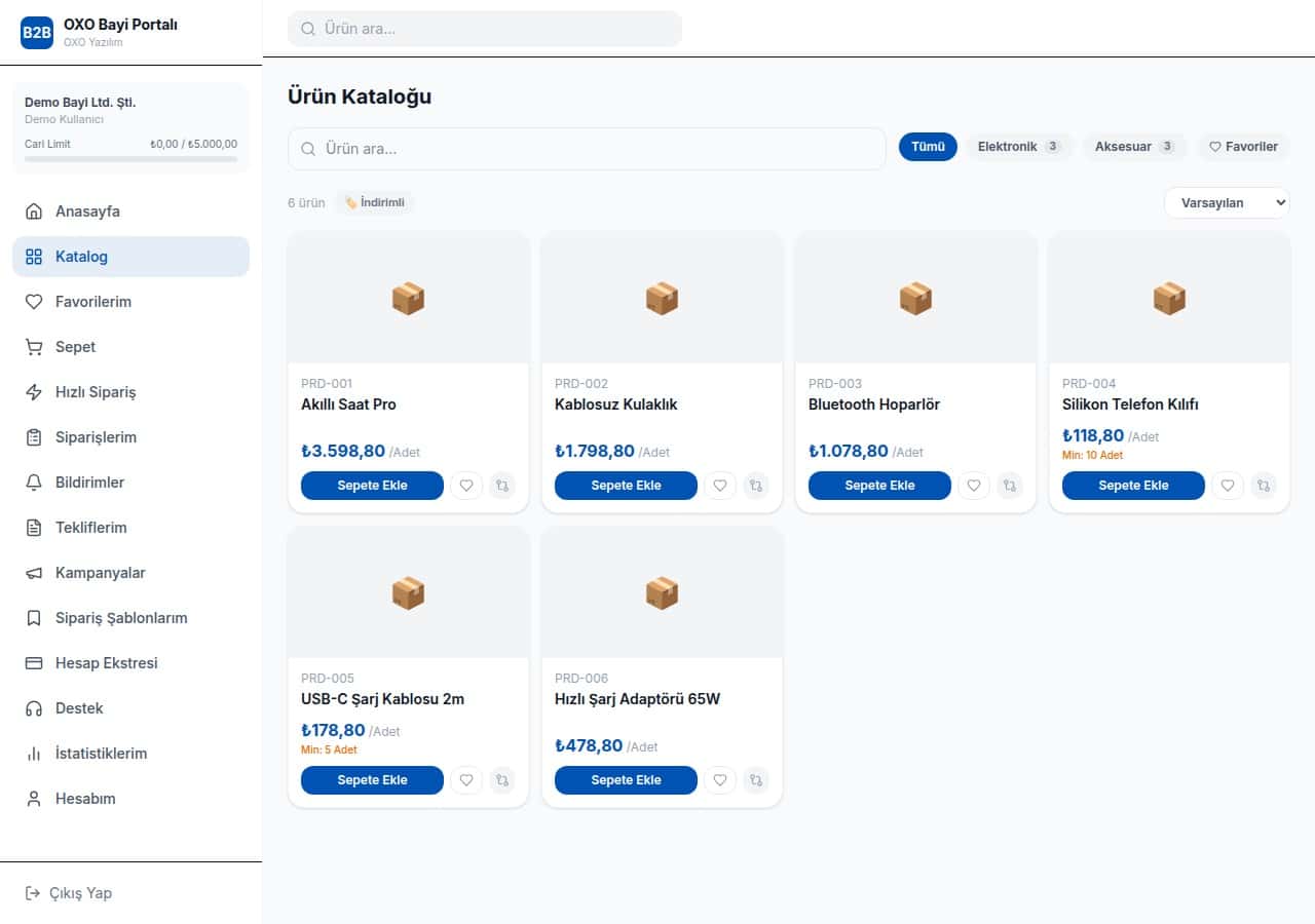 OXO B2B Bayi Sipariş Portalı önizlemesi