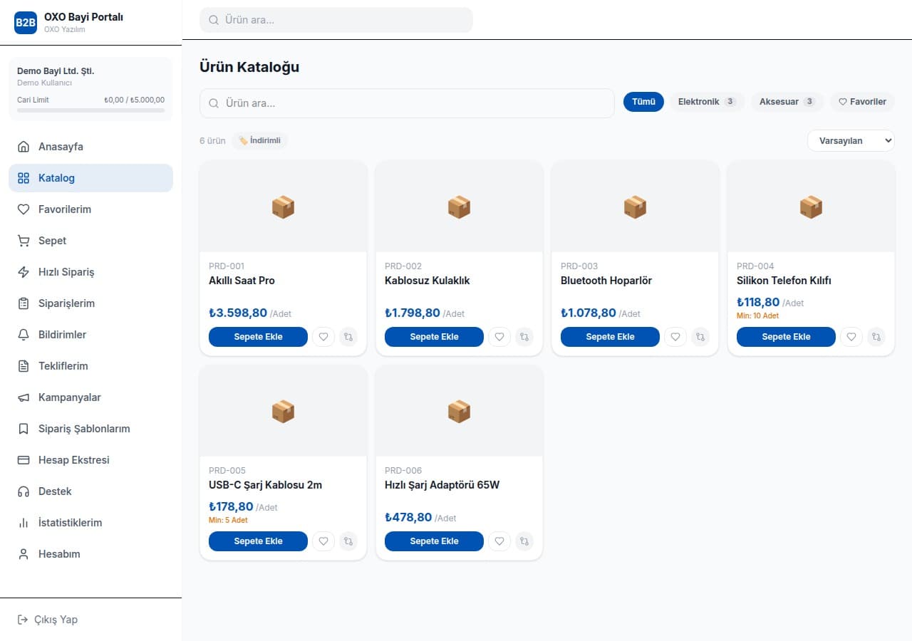 OXO B2B Bayi Sipariş Portalı ekran görüntüsü